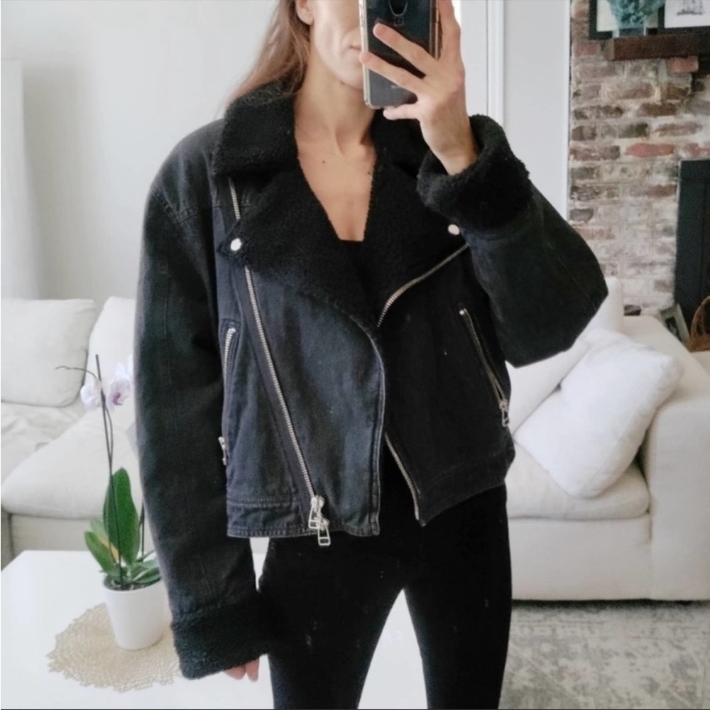 Veronica Beard Rosina Denim Moto Jacket with Sherpa lining